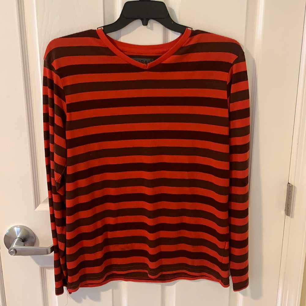 Fusai Men’s XL Shirt, Orange/Burgundy Stripe, 65% Polyester / 35% Rayon